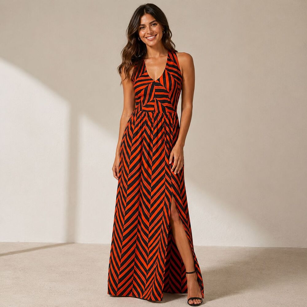 Milly Caroline Maxi Dress Size 0 Silk Red Black Chevron Cutout Back Made in USA